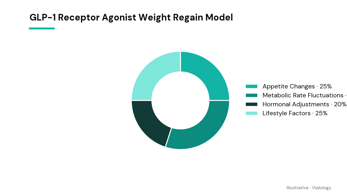 Diagram showing pathways of weight regain after GLP-1 cessation.