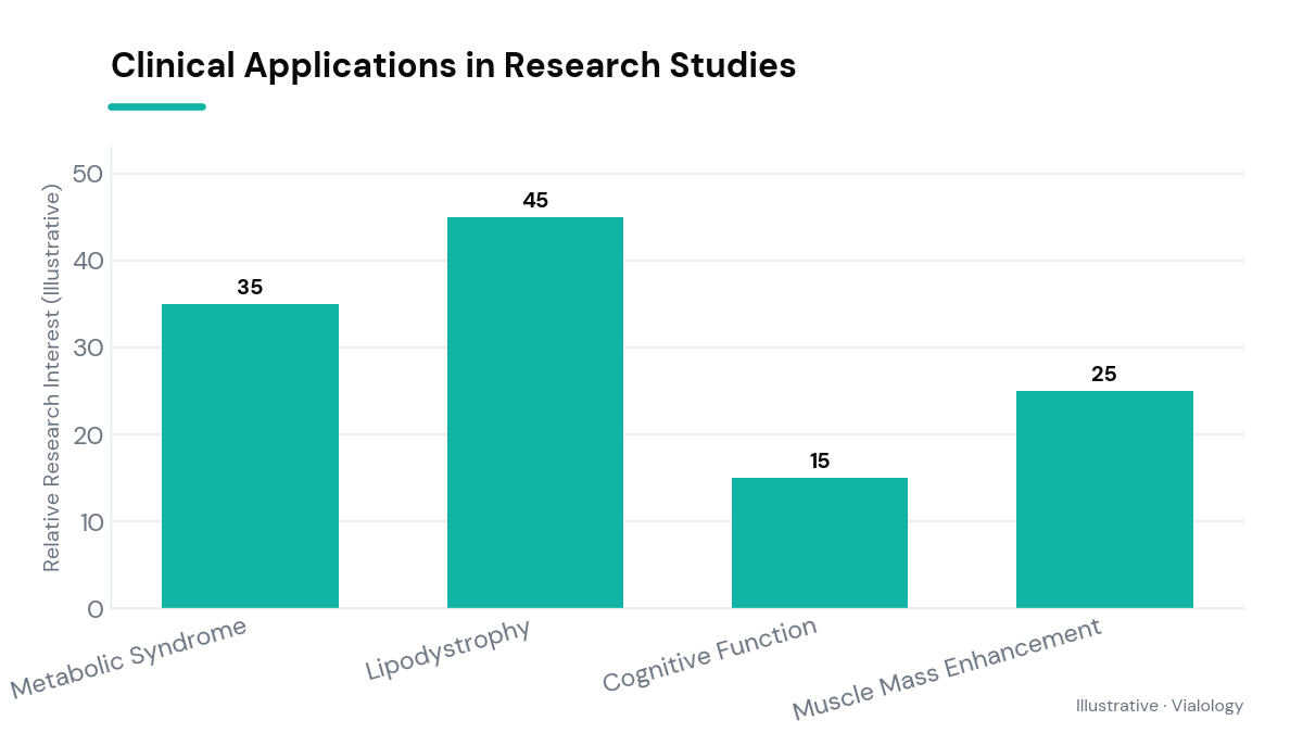 Bar chart showing research interest in Tesamorelin dosages across various clinical applications.