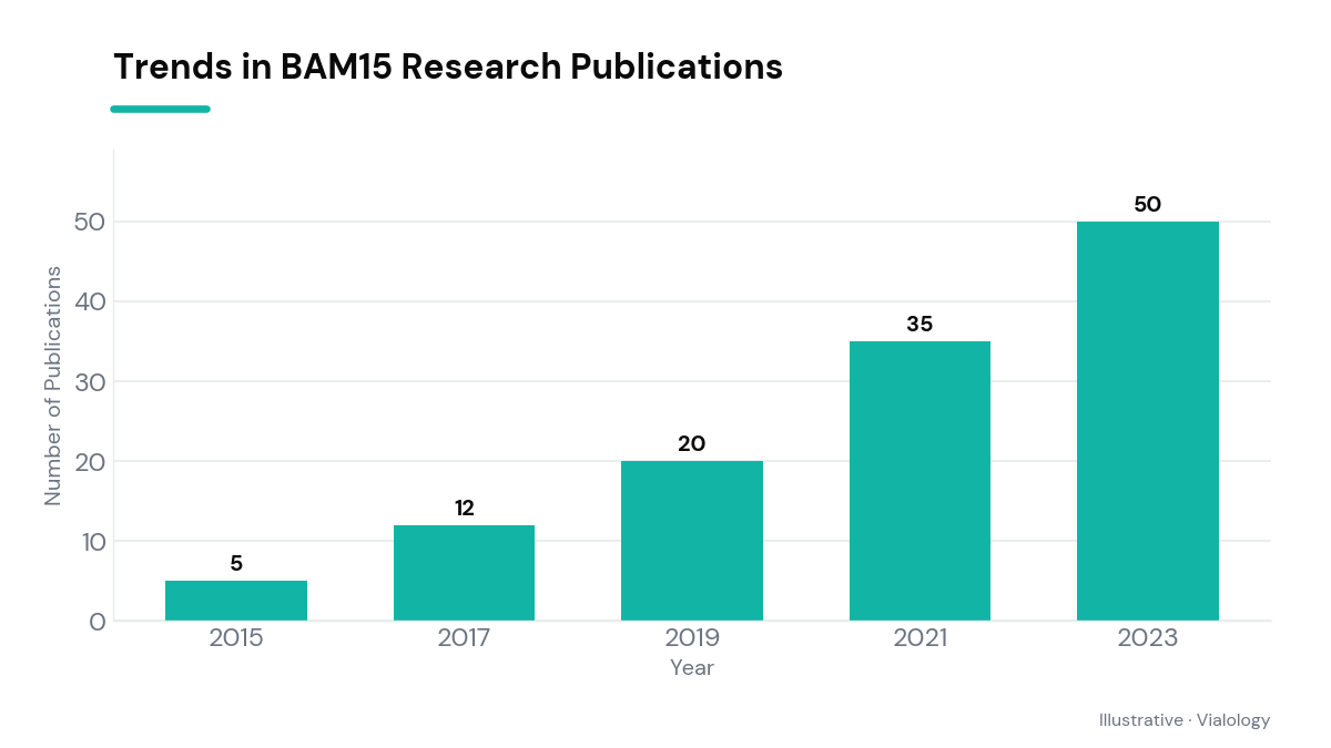 Bar chart showing the number of research publications on BAM15 over several years.