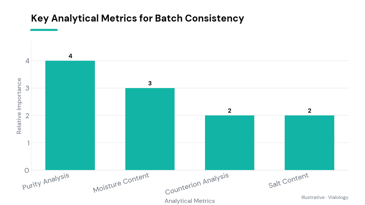 Bar chart illustrating key metrics for batch consistency in peptide manufacturing.