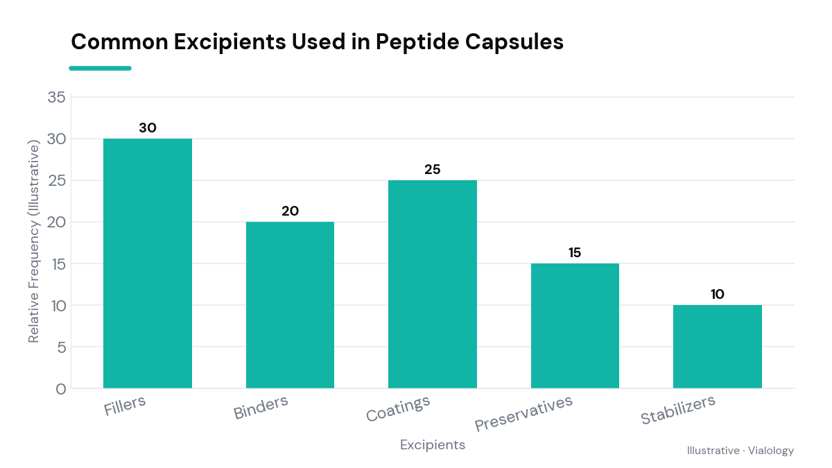 A bar chart showing different types of excipients commonly used in peptide capsules.