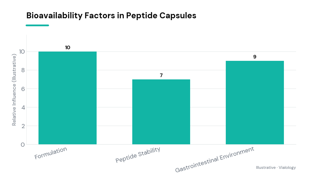 Diagram showing various bioavailability factors in oral peptide capsules