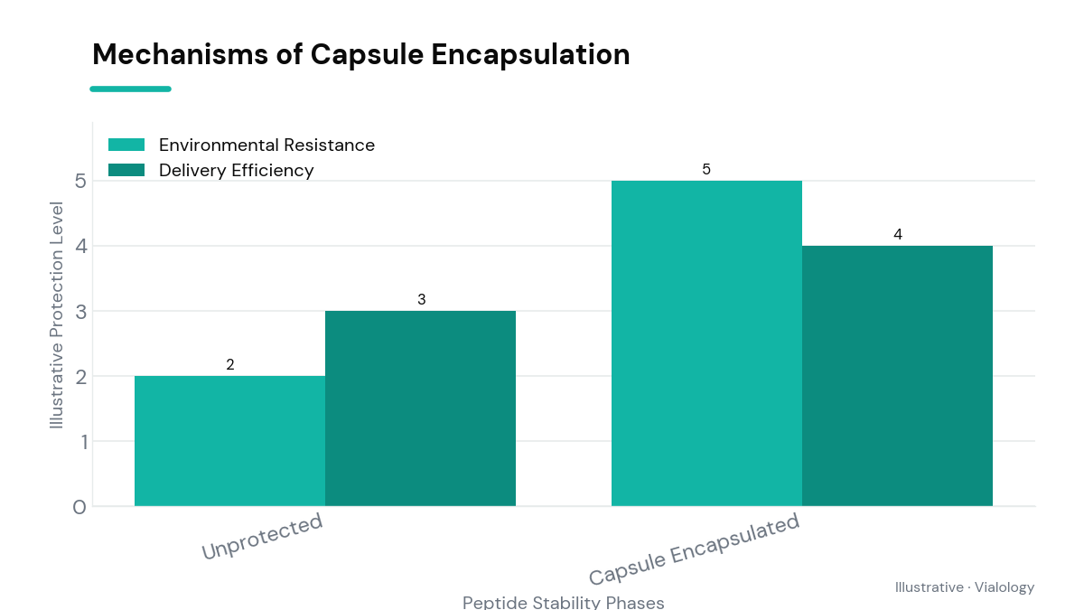 Illustration showing how capsules shield peptides from environmental factors.