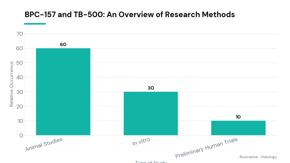 A bar chart showing the different research methods applied to BPC-157 and TB-500, notably between animal and preliminary human studies.