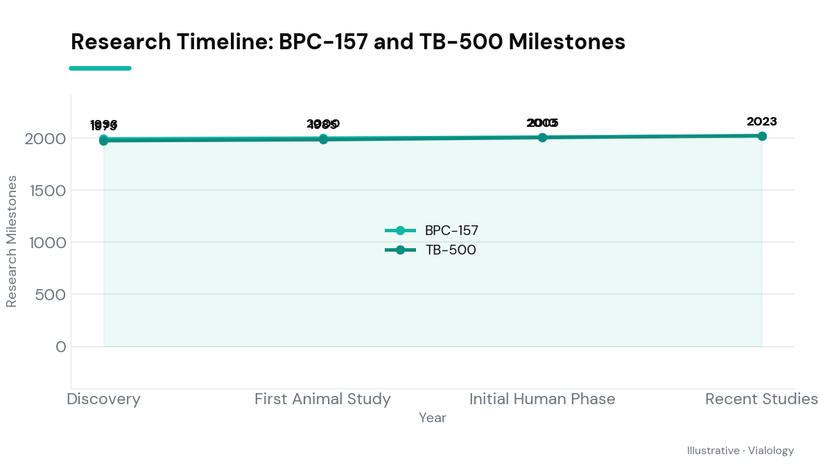 Conceptual diagram showing key research milestones of BPC-157 and TB-500 in a timeline format.