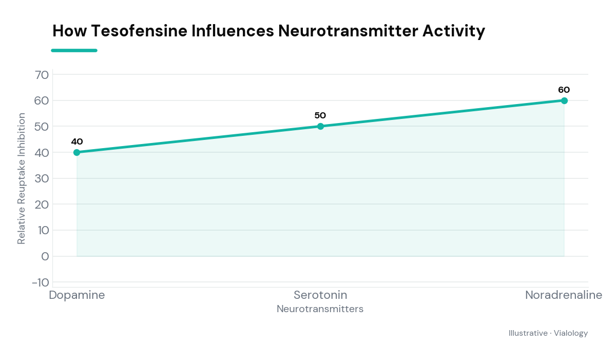 Diagram illustrating Tesofensine's impact on neurotransmitter reuptake mechanisms.