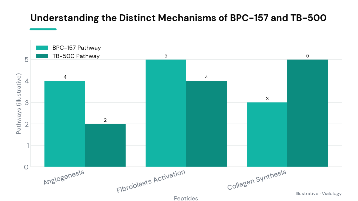 Diagram of the unique pathways of BPC-157 and TB-500 in peptide research.