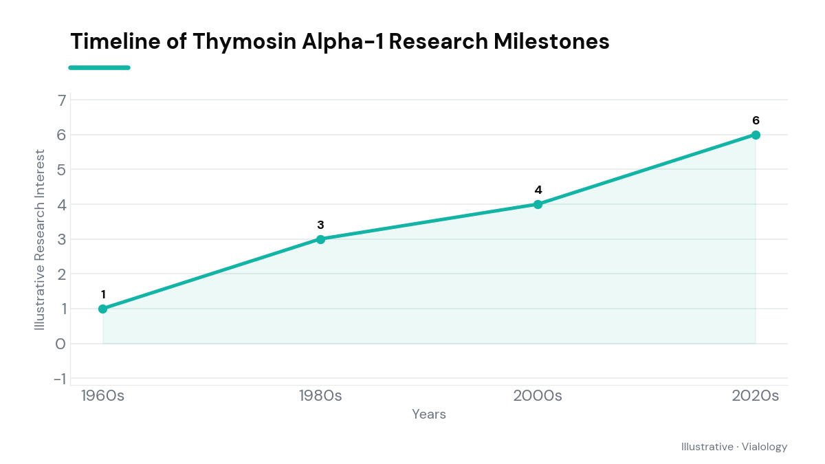 Timeline of Thymosin Alpha-1 research milestones from 1960s discovery to 2020s applications.