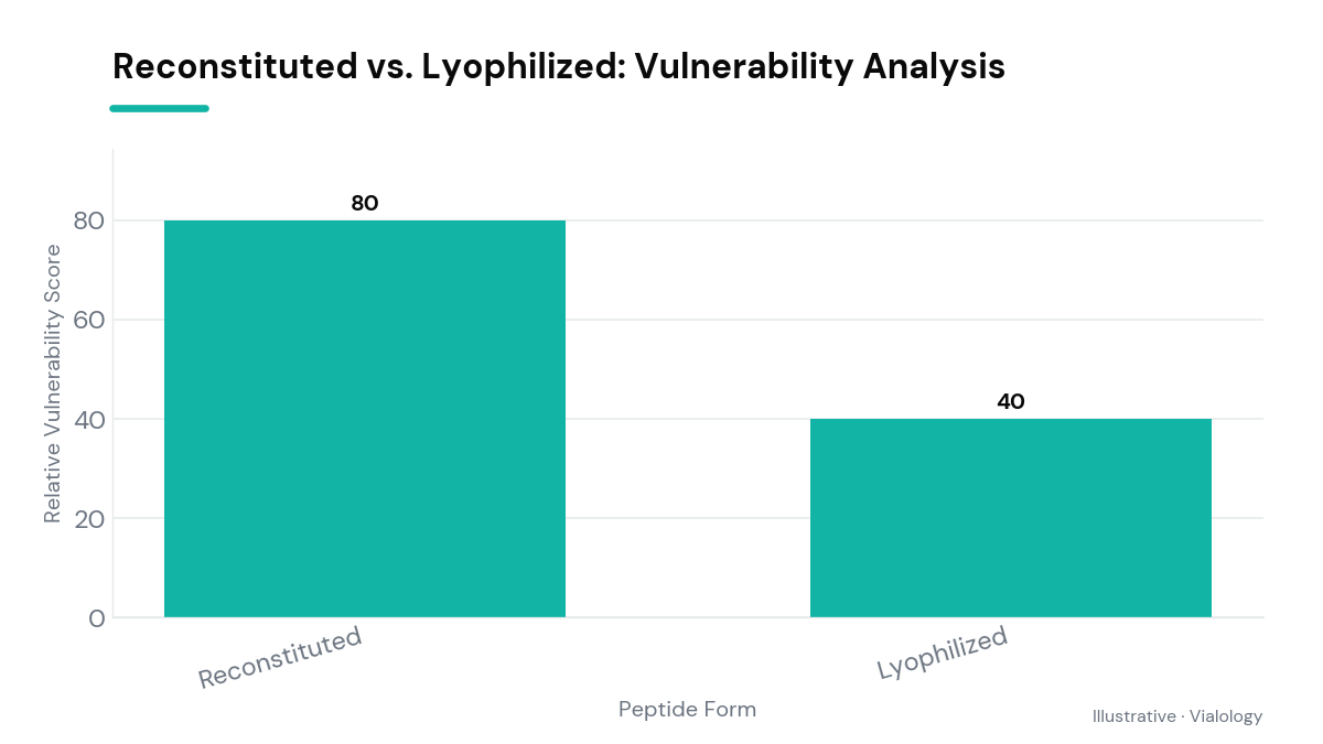 Bar chart comparing the temperature sensitivity of reconstituted versus lyophilized peptides.