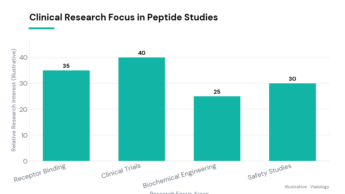 Bar chart depicting research focus areas in multi-receptor peptide studies, including tirzepatide.