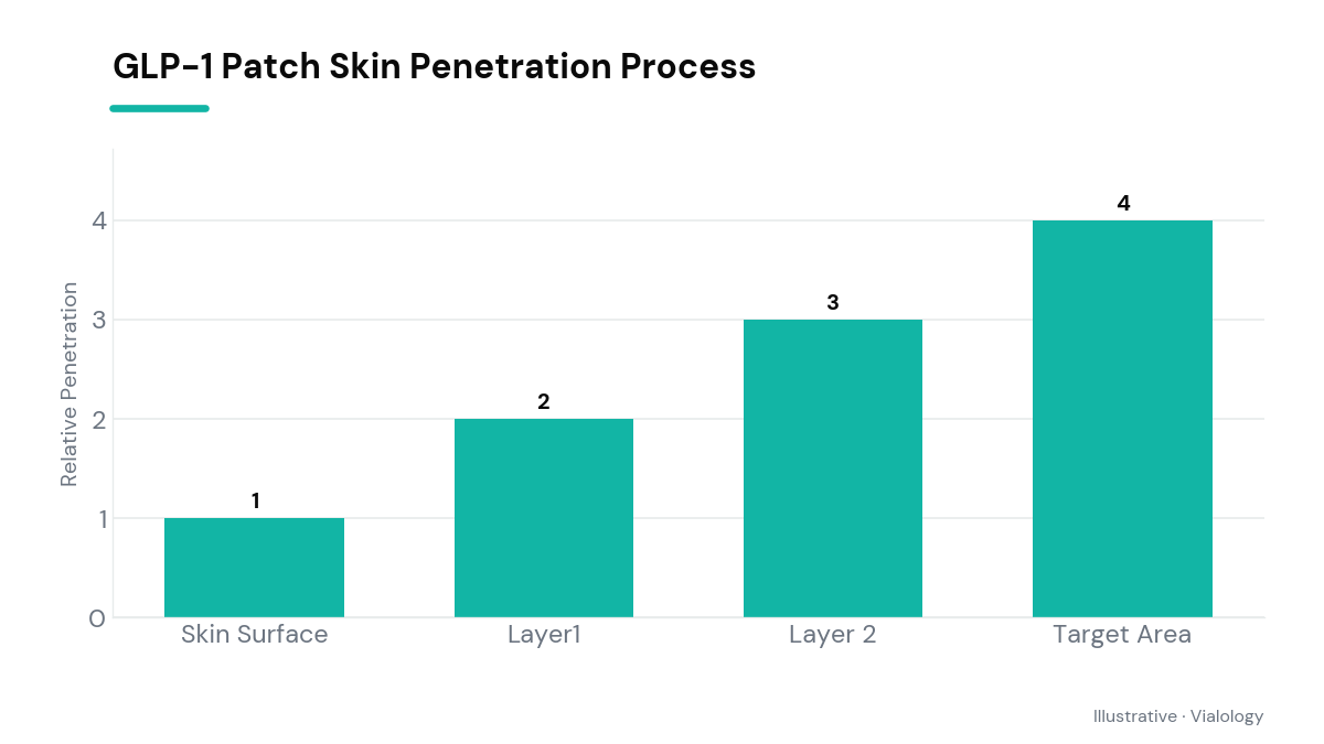 Diagram showing the microneedle patch penetration process for GLP-1 delivery.