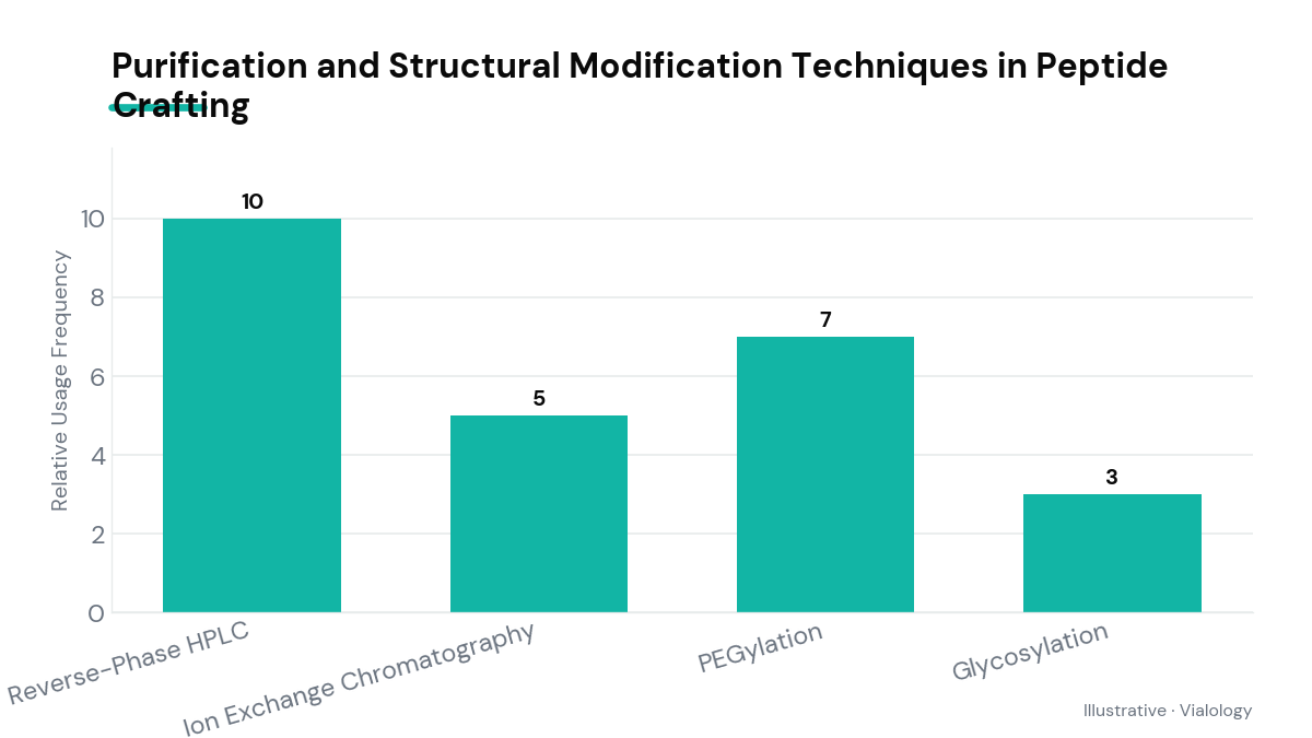 Bar chart depicting the relative application frequency of different purification and modification techniques in peptide craftsmanship.