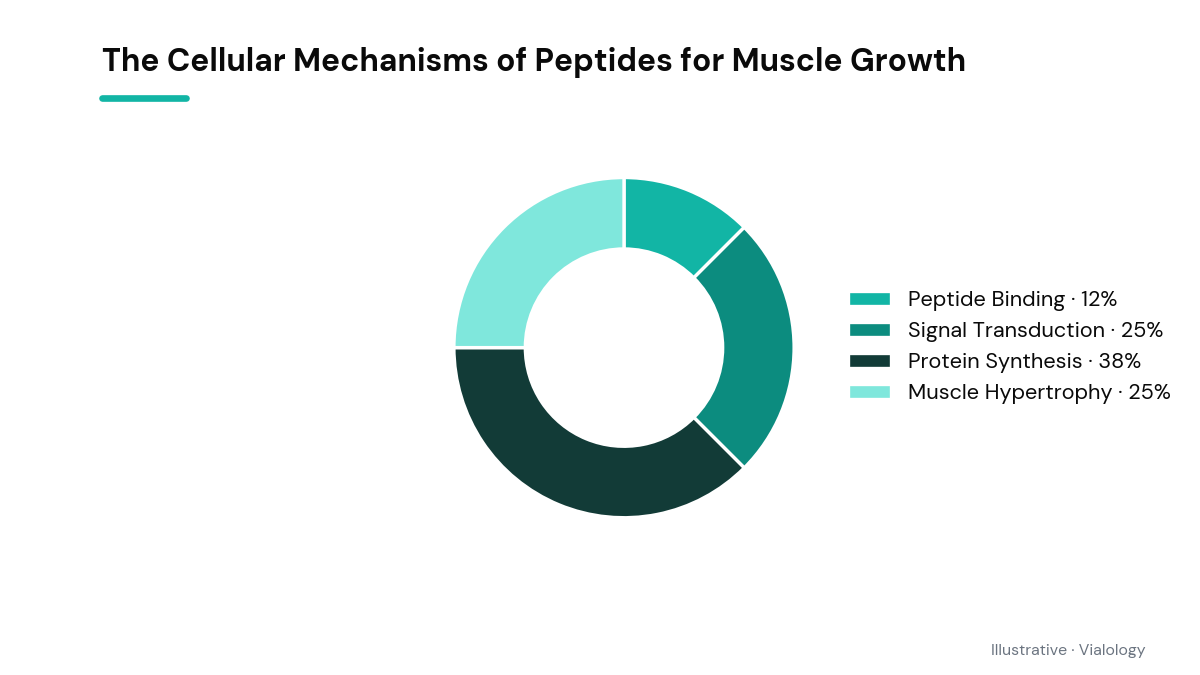 Diagram showcasing cellular pathways involved in muscle growth induced by peptides.