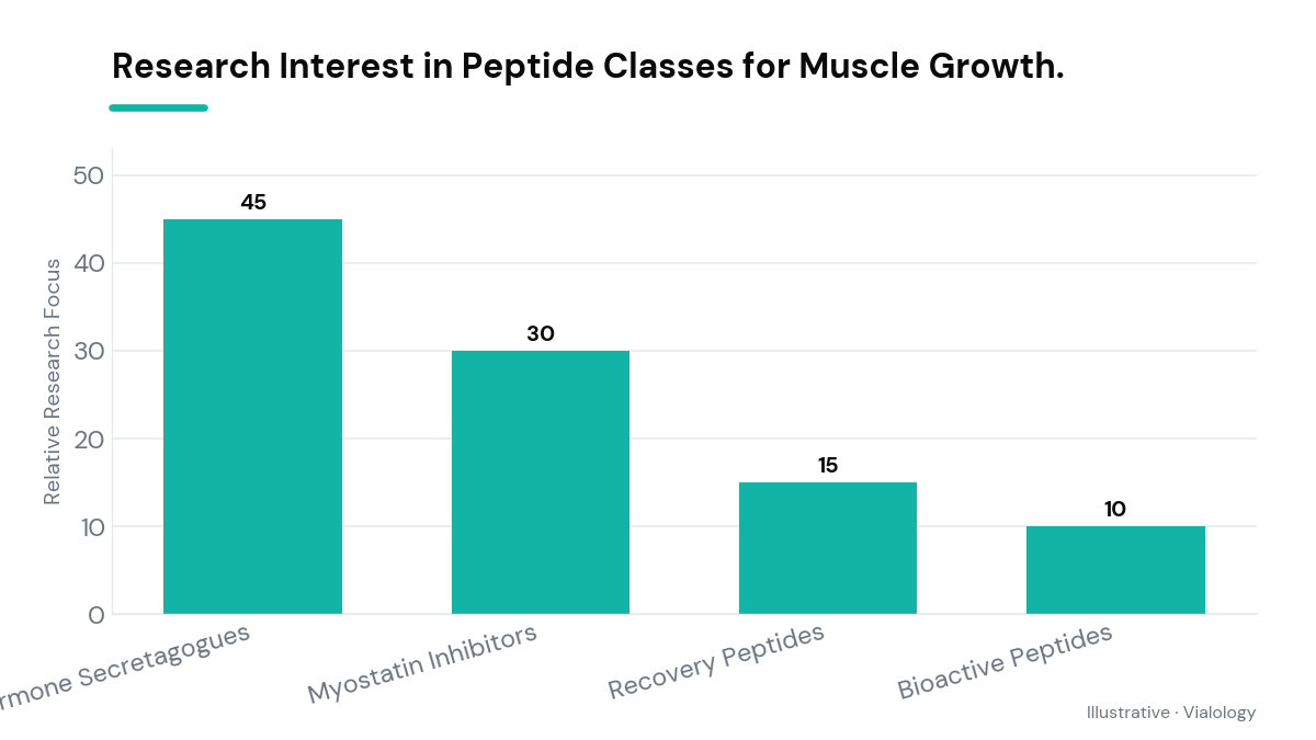 Bar chart showing relative research interest in various peptide classes for muscle growth.