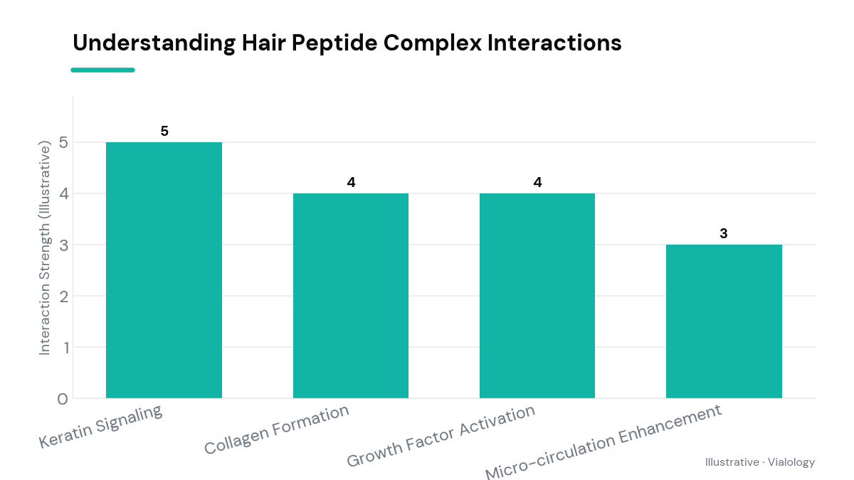 A conceptual diagram showing the pathway through which peptides interact with hair follicles including elements like keratin, collagen, and growth factors.