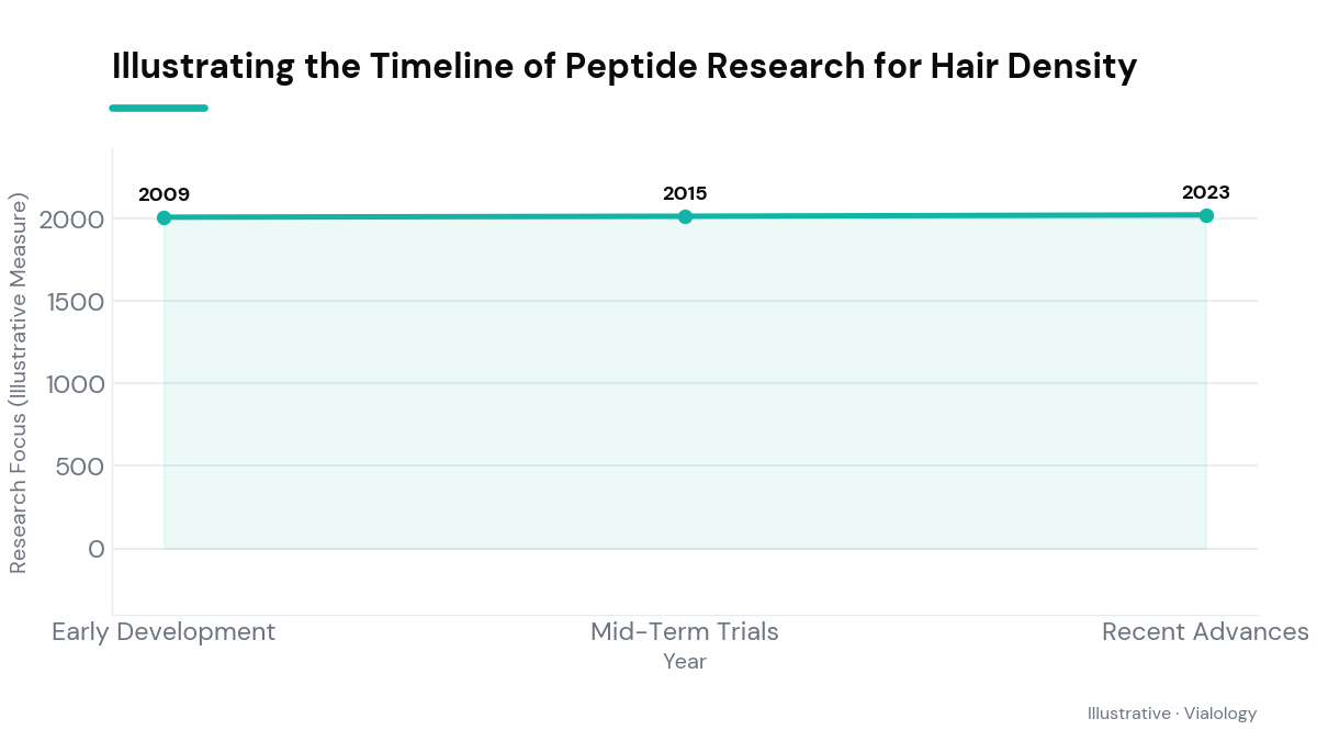 A timeline depicting research milestones in peptide science for hair density, including early development and recent advancements.