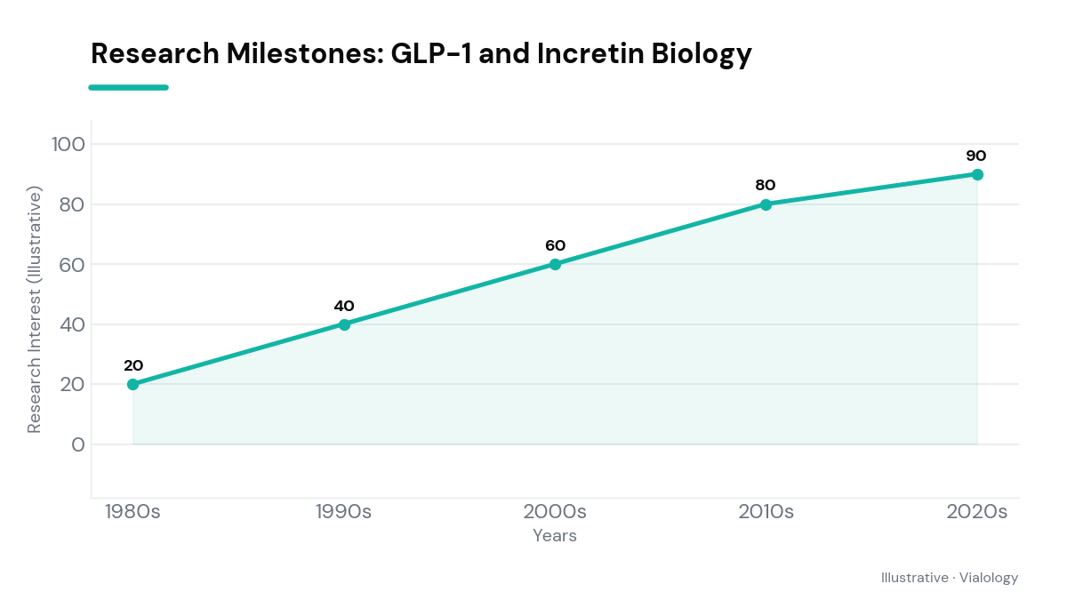 Timeline of GLP-1 research and study milestones.
